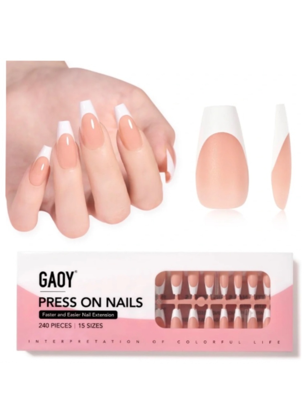 Nude Pink And White French Tip Medium Coffin Press On Nails